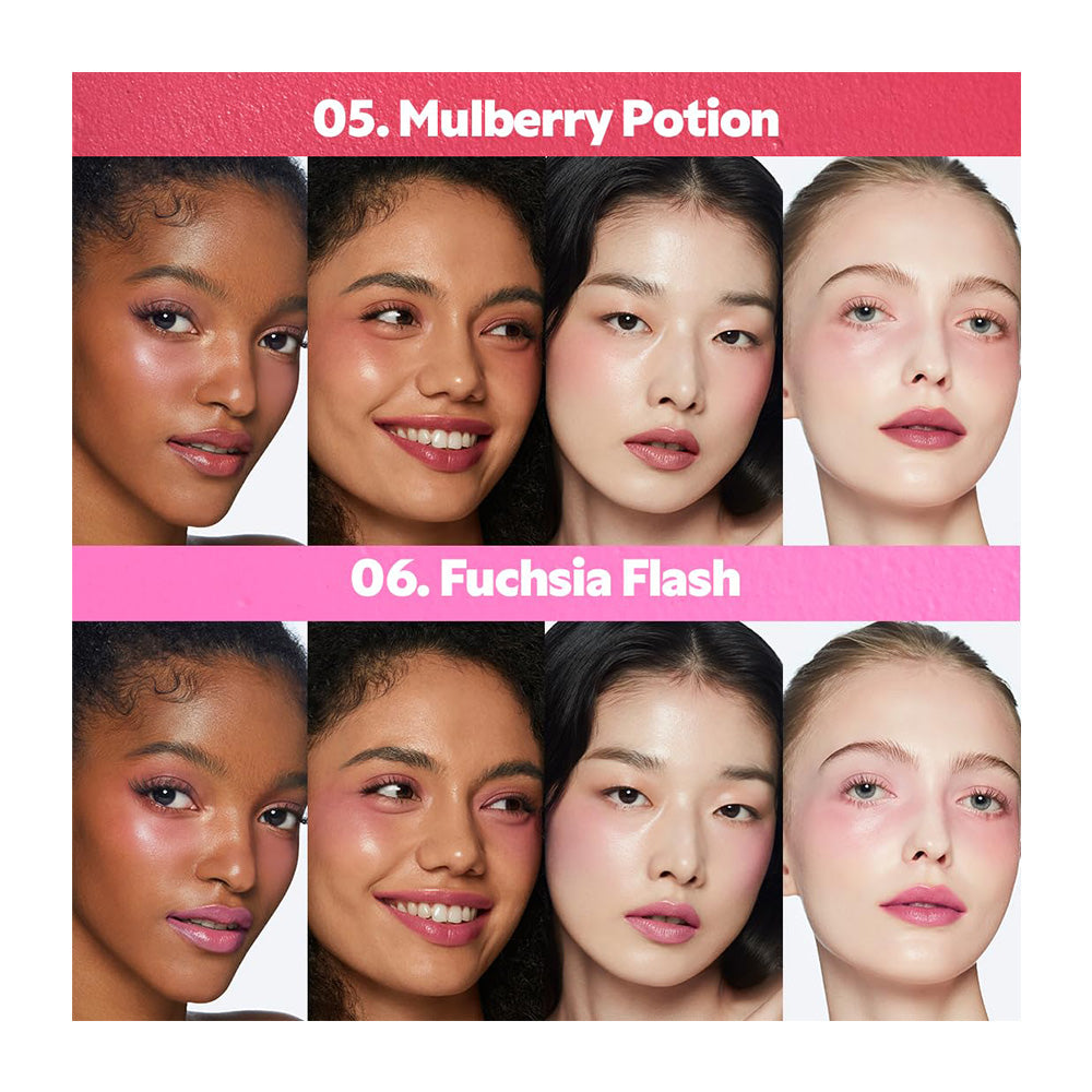 Collage of four women with different skin tones wearing makeup products labeled &