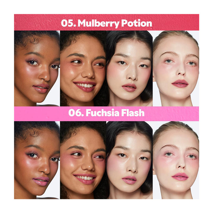 Collage of four women with different skin tones wearing makeup products labeled &