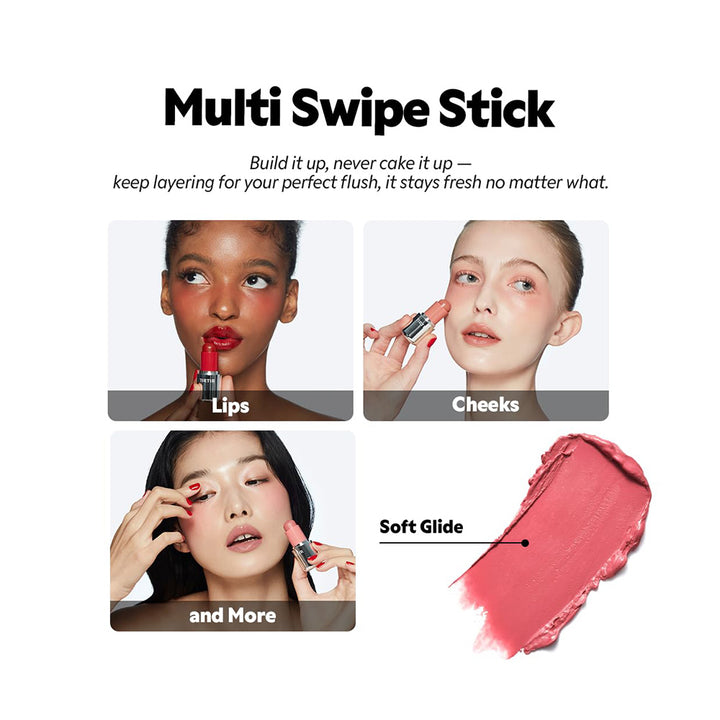 Advertisement for a multi-use makeup stick with application examples on faces and a swatch.