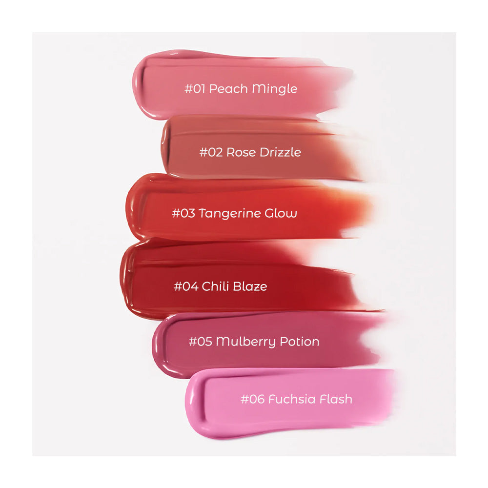 Six lip gloss swatches in different colors with names on a white background
