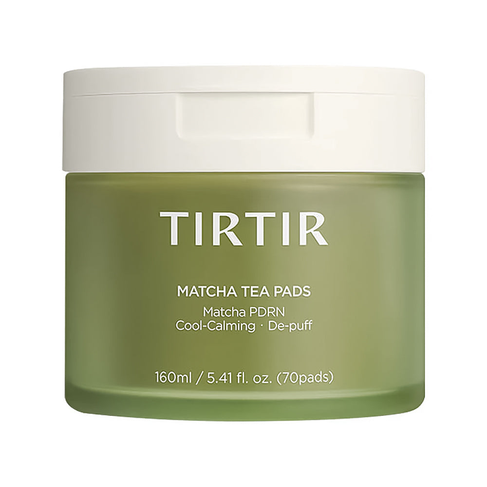 A jar of TIRTIR Matcha Tea Pads on a solid white background. The jar is a muted olive green with a white lid, featuring white text that reads &