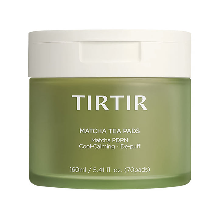A jar of TIRTIR Matcha Tea Pads on a solid white background. The jar is a muted olive green with a white lid, featuring white text that reads &