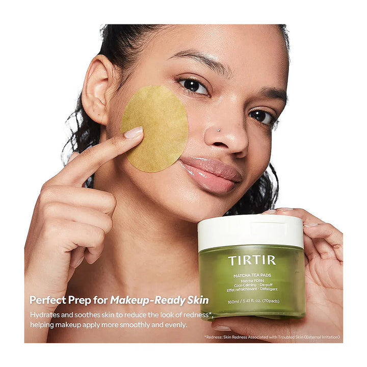 A woman applies a round gold-toned patch to her cheek while holding a jar of TIRTIR Matcha Tea Pads. The image includes promotional text at the bottom on a clean white background.
