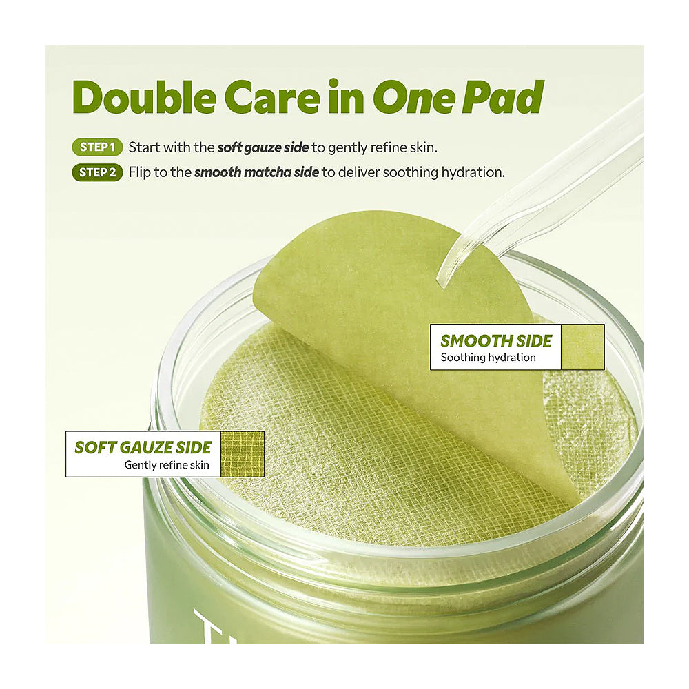 A close-up of a green skincare pad being lifted from a clear jar, with text explaining the two-sided care: soft gauze side for gentle refining and smooth side for soothing hydration.