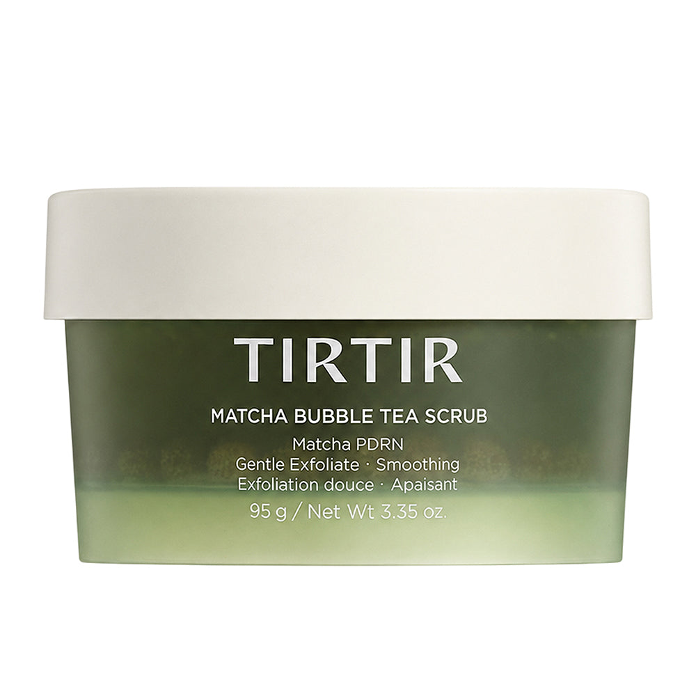A jar of TIRTIR Matcha Bubble Tea Scrub, featuring a translucent olive-green container with a white lid, set against a plain white background.