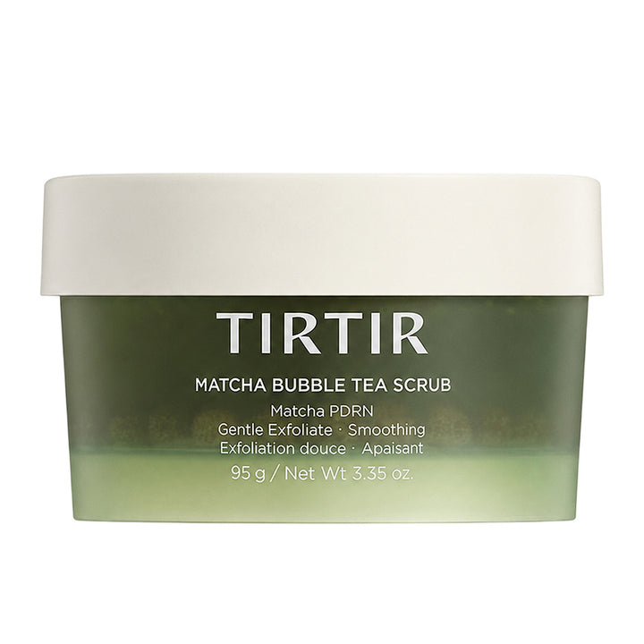 A jar of TIRTIR Matcha Bubble Tea Scrub, featuring a translucent olive-green container with a white lid, set against a plain white background.