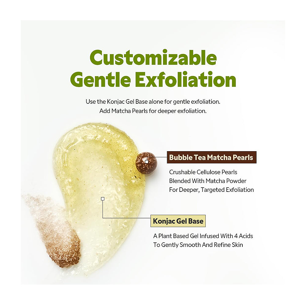 An informational graphic for a skincare product showing a translucent pale yellow konjac gel base with brown tea matcha pearls. The text reads &