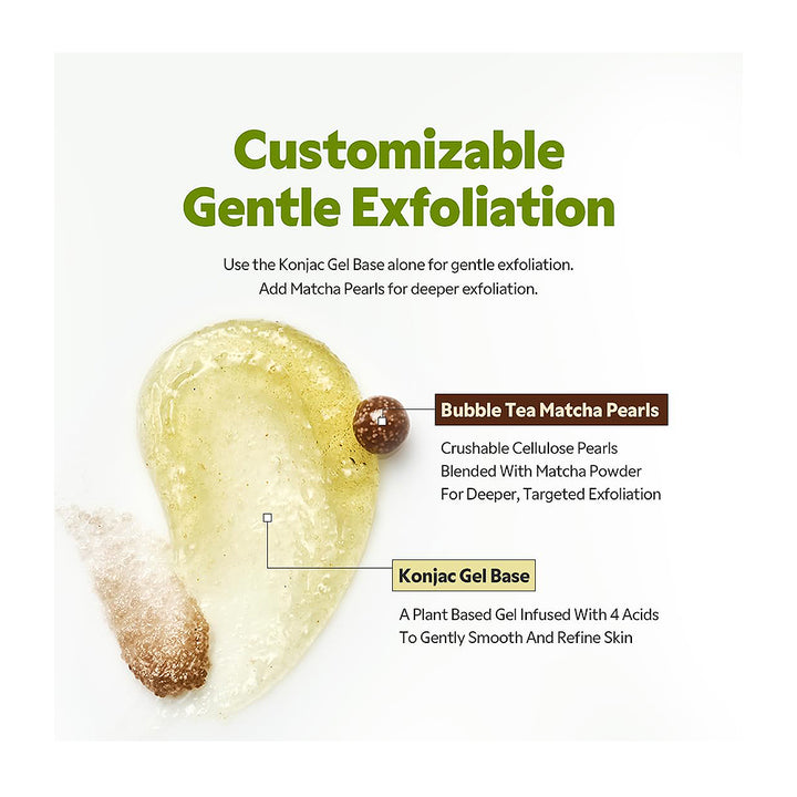 An informational graphic for a skincare product showing a translucent pale yellow konjac gel base with brown tea matcha pearls. The text reads &