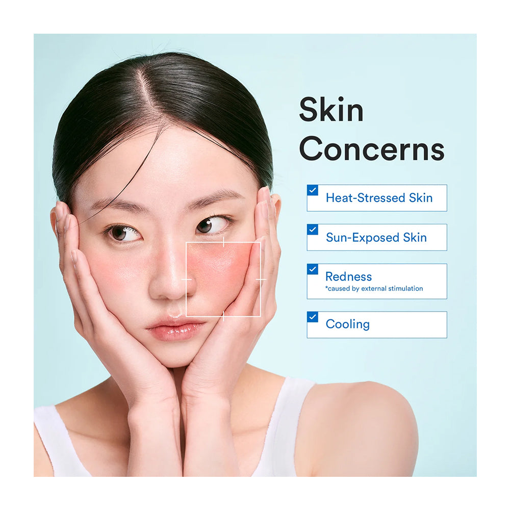 A woman with a highlighted red cheek holds her face against a light blue background, next to a text list titled &