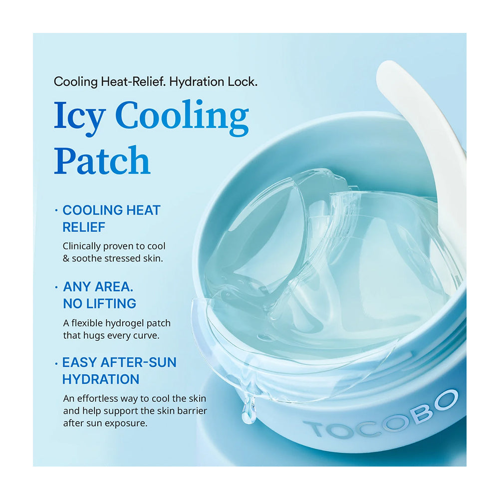 TocoBo Icy Cooling Patch in a light blue jar with a white lid, shown with several translucent gel patches inside. The left side features product text highlighting cooling heat relief, hydration lock, and easy after-sun hydration on a light blue background.