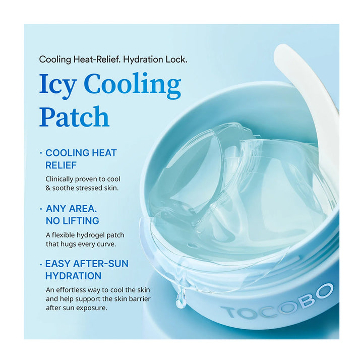 TocoBo Icy Cooling Patch in a light blue jar with a white lid, shown with several translucent gel patches inside. The left side features product text highlighting cooling heat relief, hydration lock, and easy after-sun hydration on a light blue background.