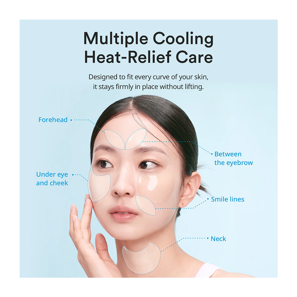 A woman's face with illustrated cooling heat-relief patches labeled for forehead, between eyebrows, under eye and cheek, smile lines, and neck, on a light blue background with the text 'Multiple Cooling Heat-Relief Care'.