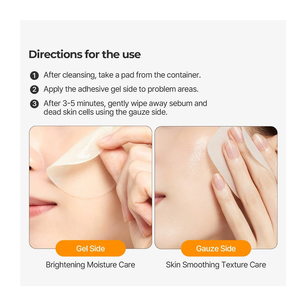 Instruction graphic for using an adhesive skincare pad, with three numbered steps of text and two inset photos showing the pad applied to the cheek and face, labeled Gel Side and Gauze Side.