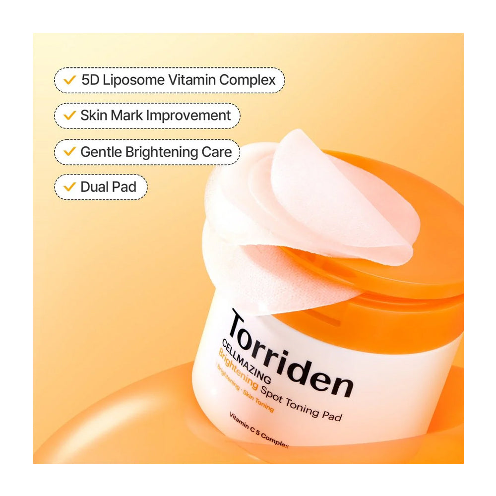 A jar of Torriden Calming Spot Toning Pad with a white and orange design, featuring a dual pad design with one pad pulled out. The image includes marketing text badges on the left side against a warm peach background.