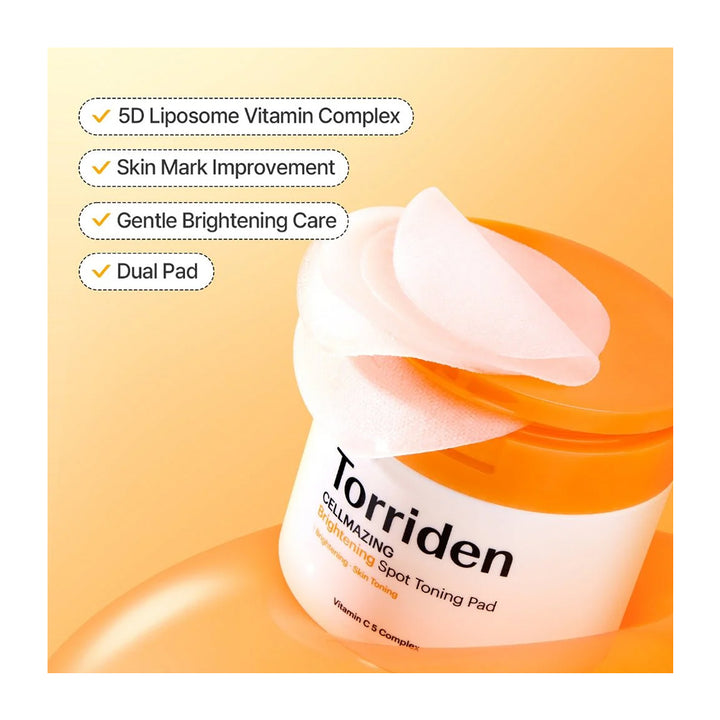 A jar of Torriden Calming Spot Toning Pad with a white and orange design, featuring a dual pad design with one pad pulled out. The image includes marketing text badges on the left side against a warm peach background.