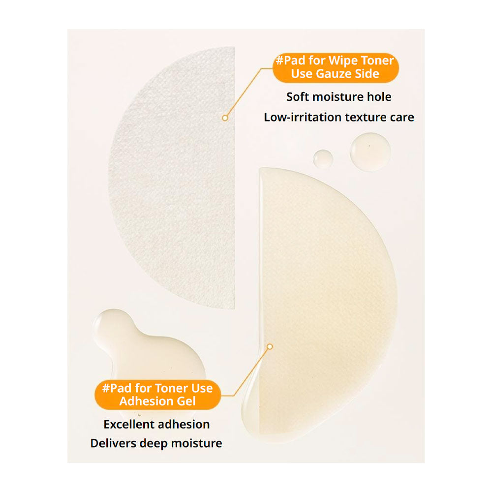 An informational graphic showing two semi-circular cosmetic pads on a pale pink background with callout text. The left pad is labeled for the wipe toner side and uses gauze, while the right pad is labeled for toner adhesion gel and shows a smoother, more hydrated texture.