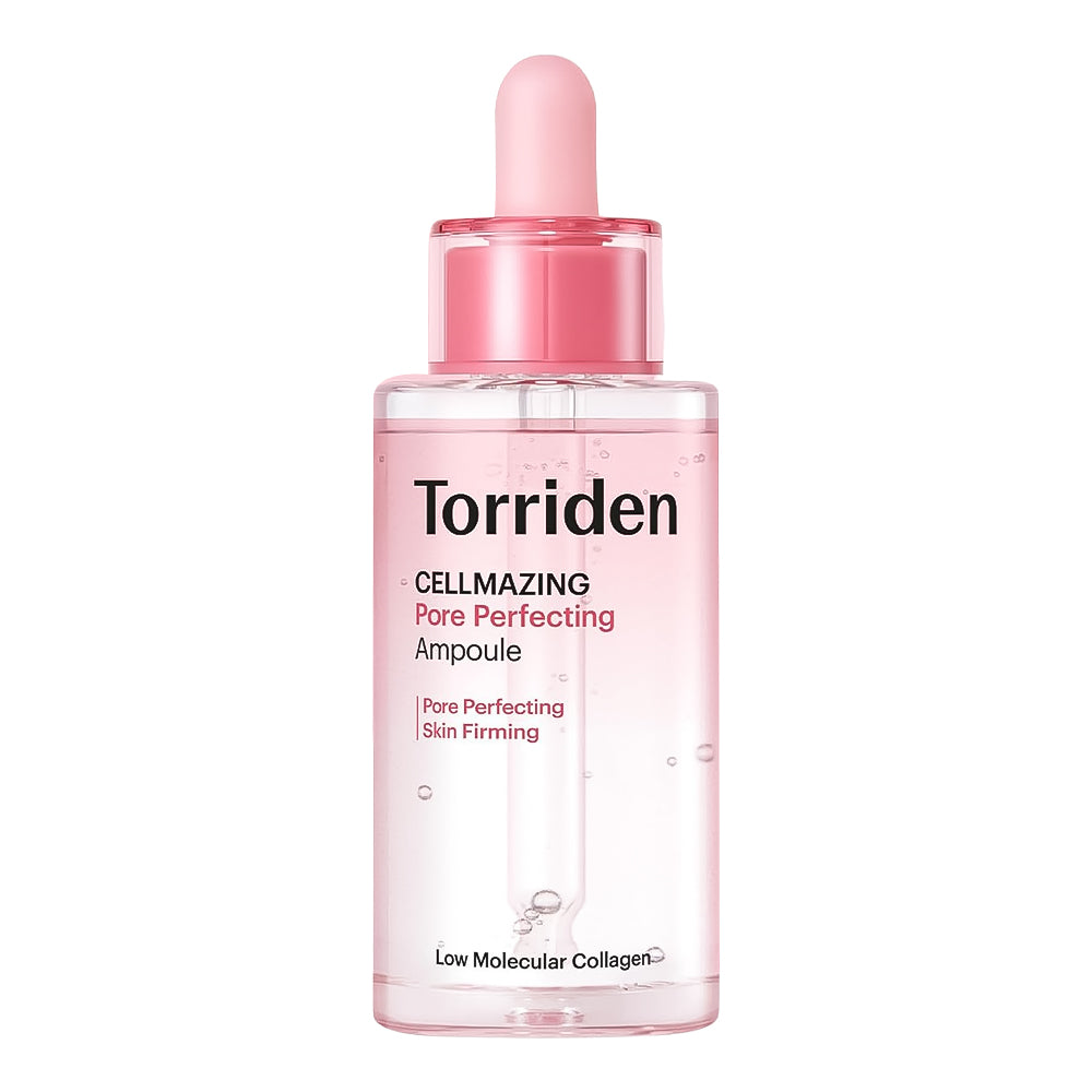 Torriden Cellmazing Pore Perfecting Ampoule skincare bottle with a pink dropper cap, shown on a solid white background.