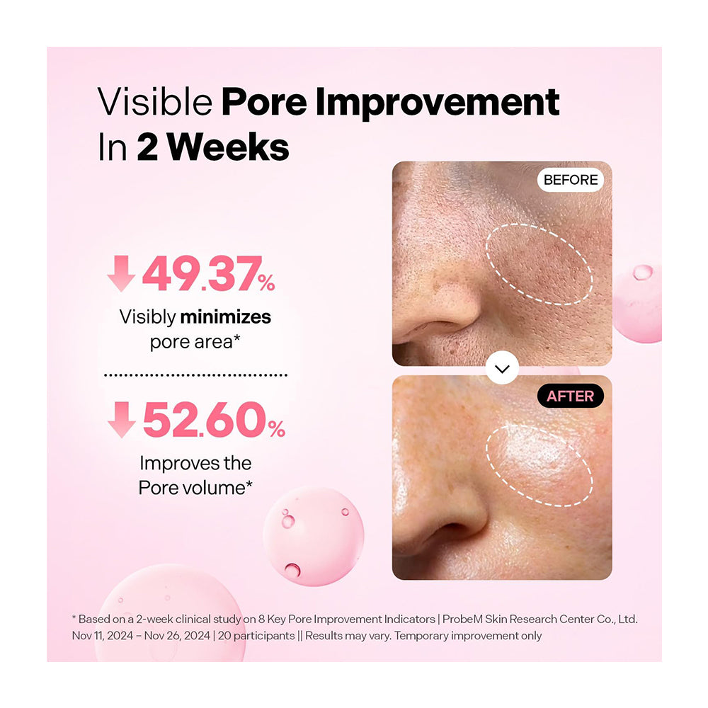 A pink promotional graphic for a skincare product showing before-and-after close-ups of a person&