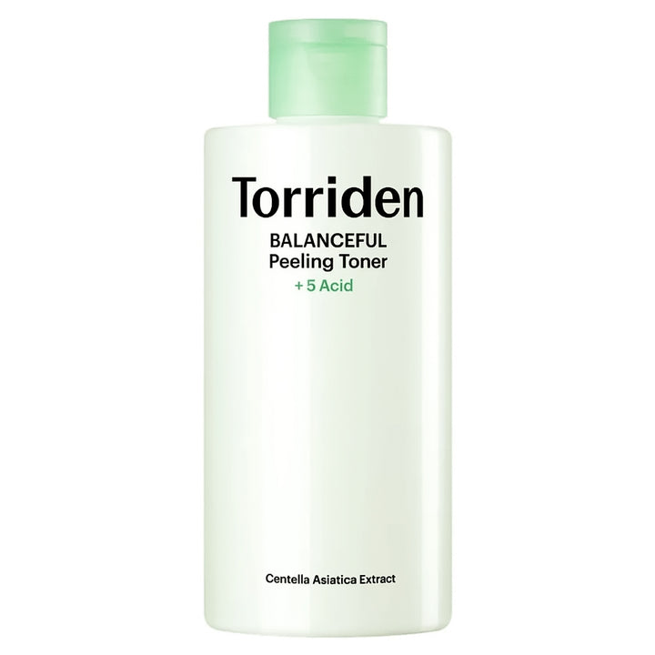 A bottle of Torriden Balanceful Peeling Toner with +5 Acid, featuring a white bottle and a light green cap on a plain white background.