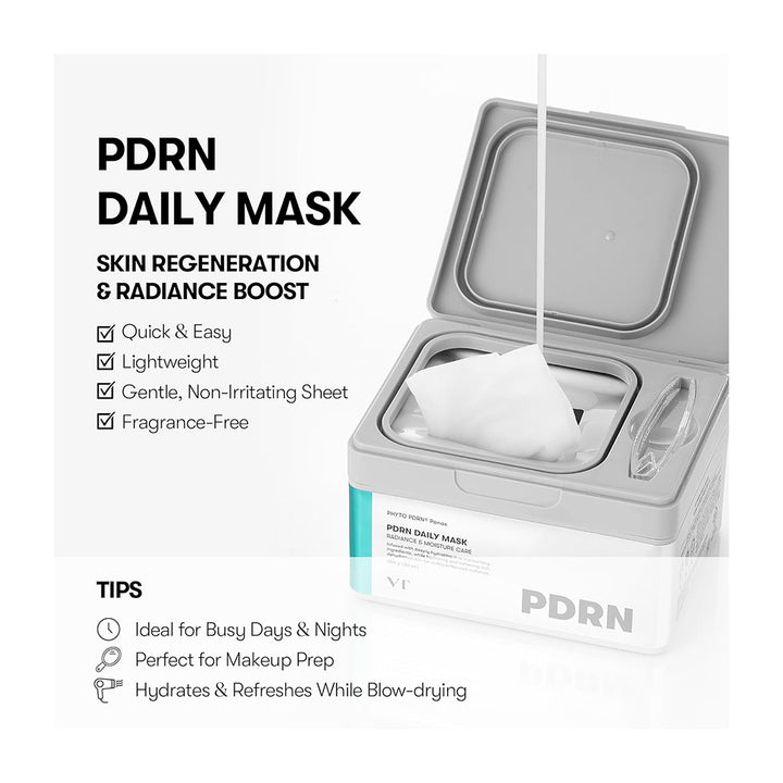 PDRN Daily Mask packaging with features and benefits on a white background
