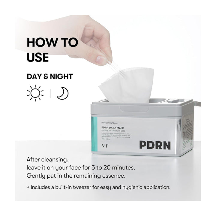 PDRN facial mask packaging with usage instructions on a white background