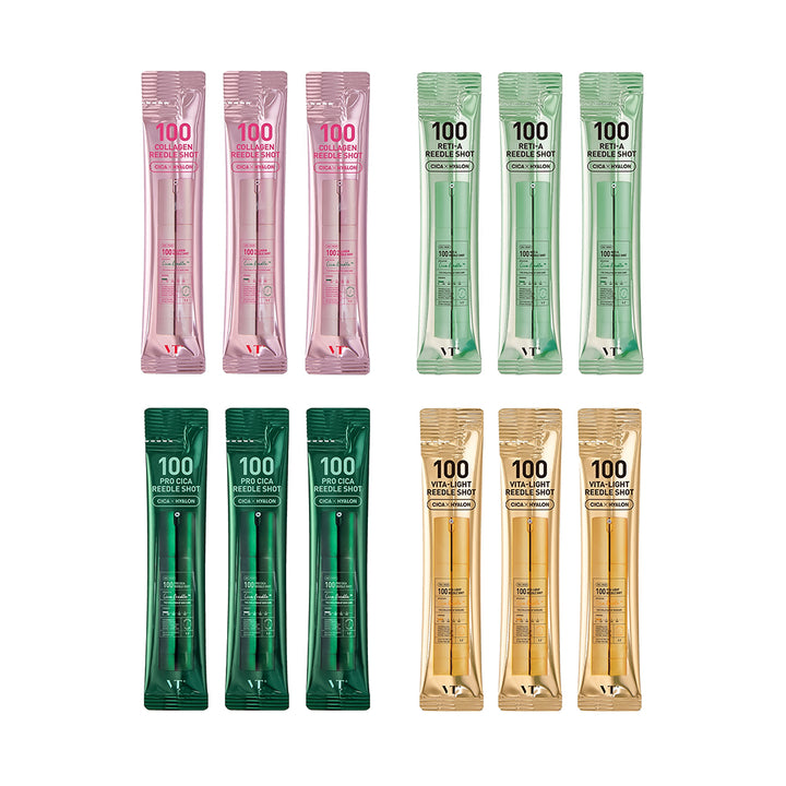 Assorted packets of 100 Vitality Mezzle Shots in different colors on a white background