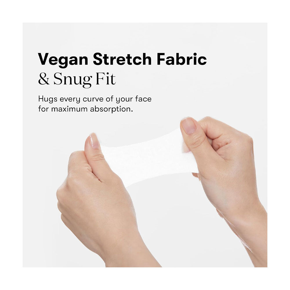 Hands holding a piece of white fabric with text about vegan stretch fabric and snug fit.