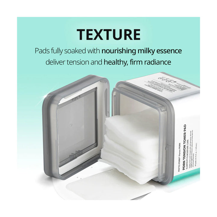 Toner pad packaging with text about texture and nourishing milky essence.