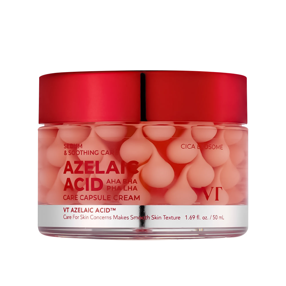 Jar of VT Azelaic Acid skincare cream with red lid on a white background