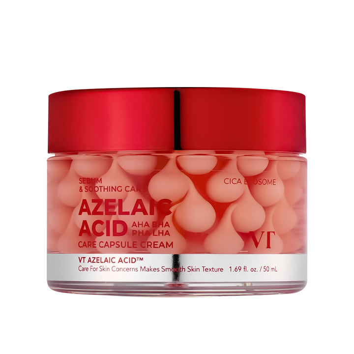 Jar of VT Azelaic Acid skincare cream with red lid on a white background