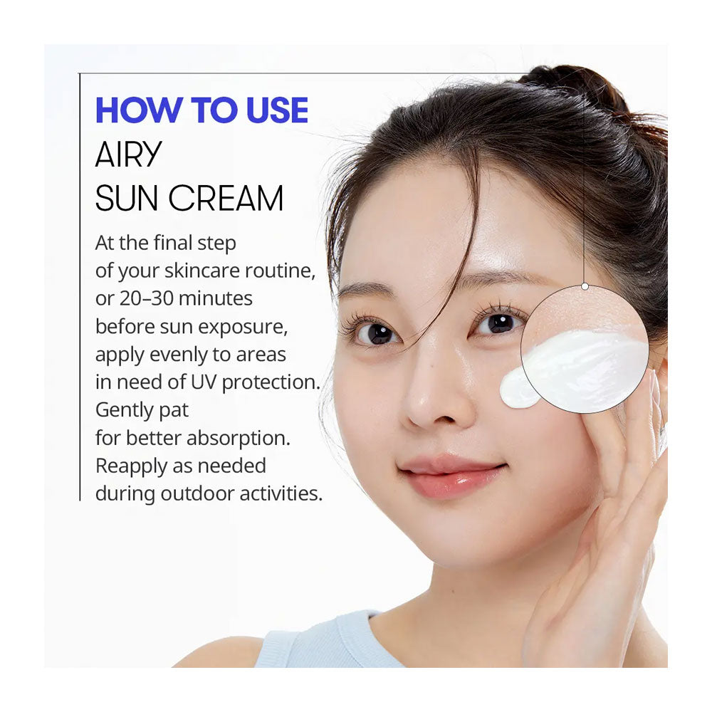 Woman applying airless sun cream with text on how to use it
