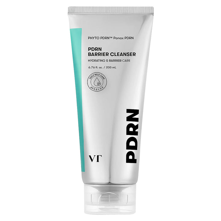 A 200 mL squeeze tube of PDRN Barrier Cleanser by VT PDRN, featuring a white body with a vertical teal stripe on the left and black text, set against a plain white background.