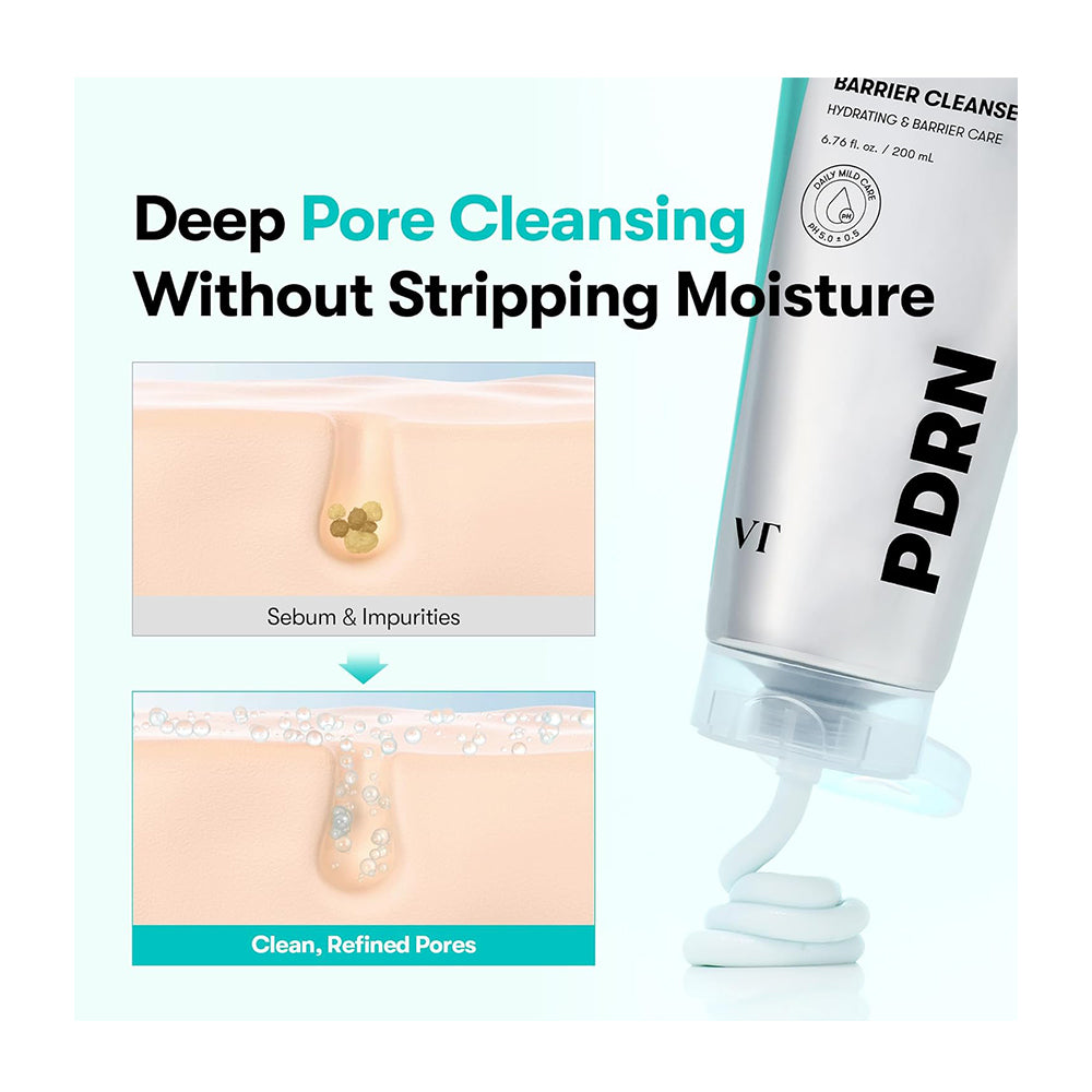 VT PDRN Barrier Cleanser tube shown on a white background with promotional text and before/after pore graphics. The product is a silver squeeze tube with black and teal text, dispensing white cleanser.