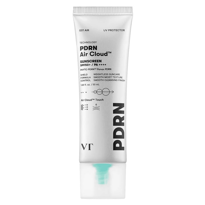 A white squeeze tube of PDRN Air Cloud sunscreen with black text and a small mint green accent at the base, shown on a plain white background.