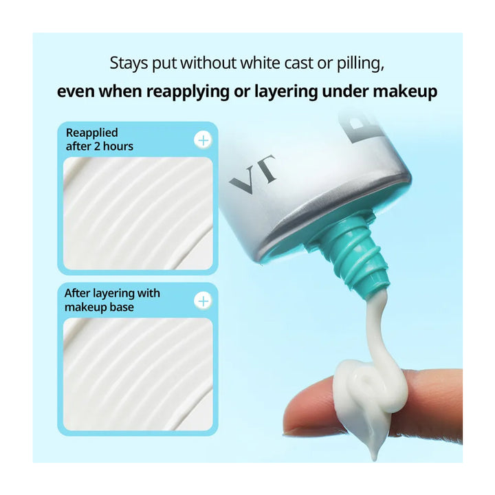 A cosmetic cream tube with a teal squeeze neck is shown dispensing thick white cream onto a fingertip. The image includes marketing text and two inset close-ups showing the cream texture after 2 hours and after layering with a makeup base, all on a light blue background.
