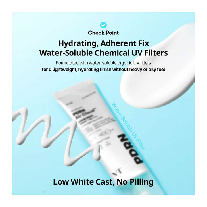 A promotional graphic for PDRN Hydrating, Adherent Fix Water-Soluble Chemical UV Filters, showing a white squeeze tube, a dollop of white cream, and text on a light blue background.