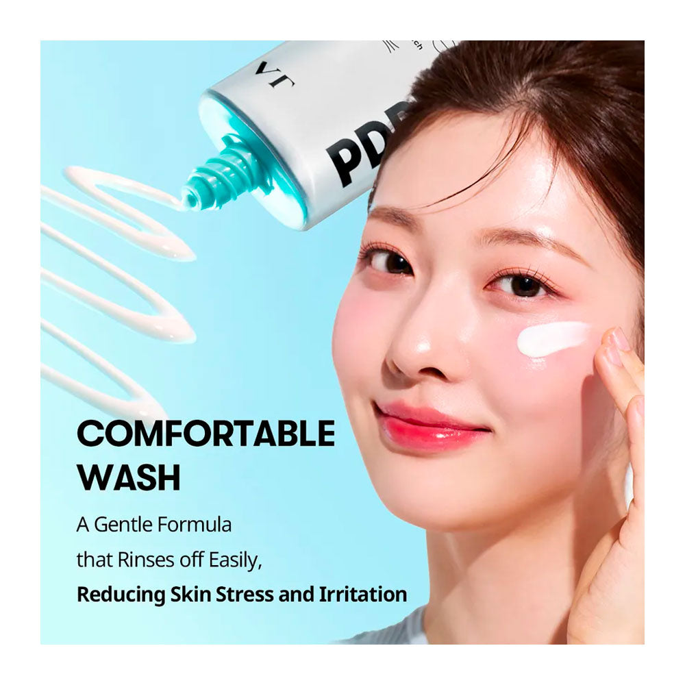 A woman applies a white cream to her cheek next to a tube of PDD Comfortable Wash, with text highlighting its gentle, irritation-reducing formula on a light blue background.