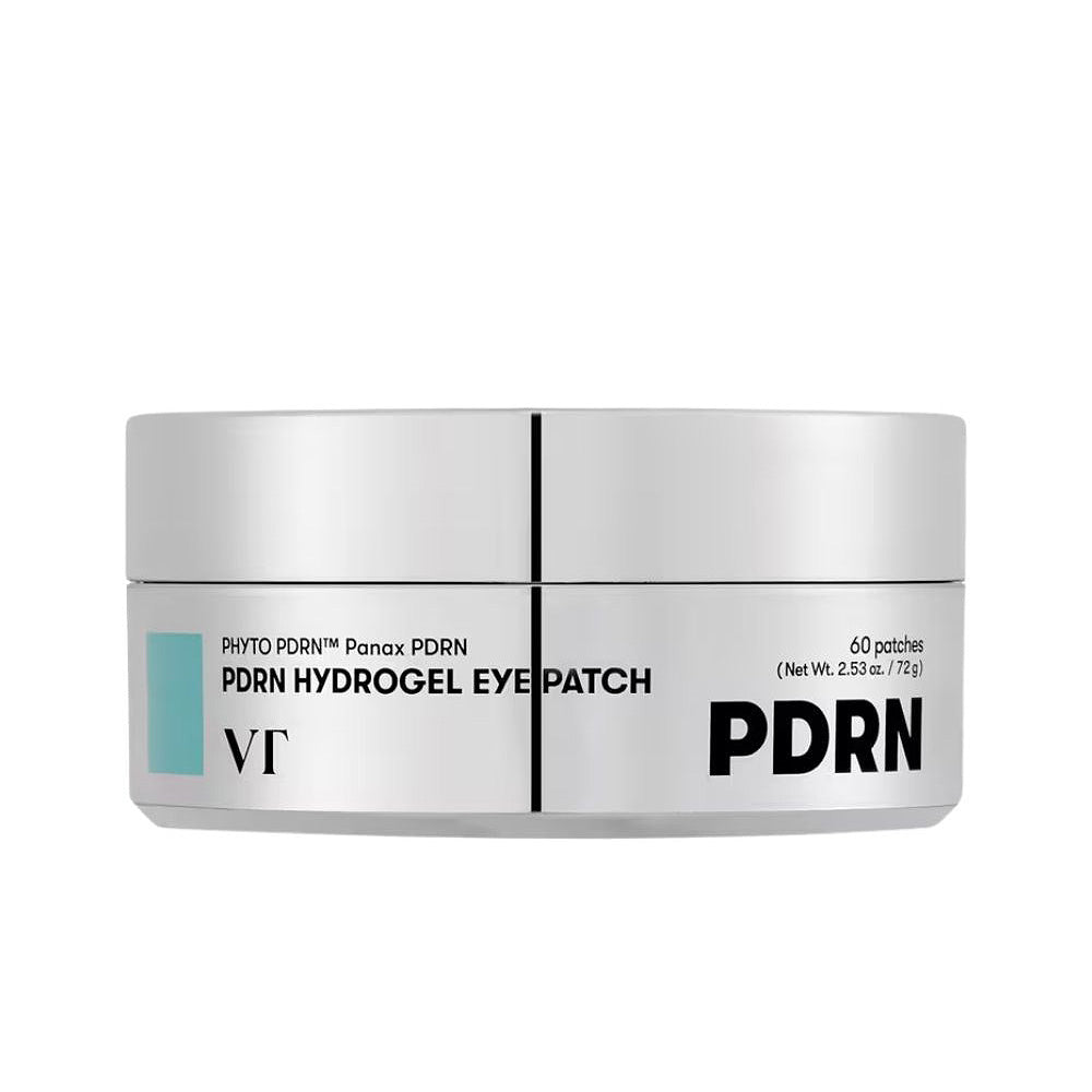 A silver cosmetic jar of PDRN Hydrogel Eye Patch by VT, featuring a white label with black text and a small teal accent block, set against a plain white background.