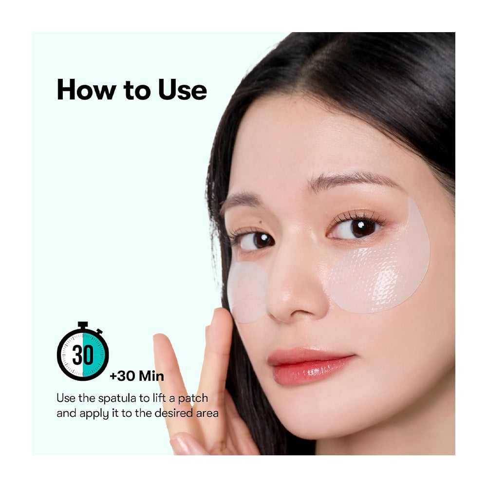 How to use guide showing a woman applying a translucent under-eye patch with a spatula on her cheek against a pale mint background.