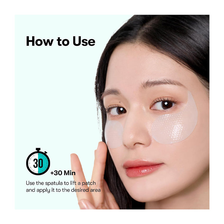 How to use guide showing a woman applying a translucent under-eye patch with a spatula on her cheek against a pale mint background.