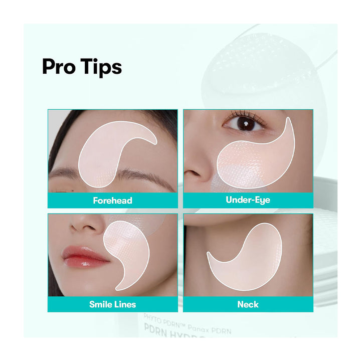 An informational graphic showing four inset close-ups of facial and neck areas with pale curved patch shapes labeled for forehead, under-eye, smile lines, and neck placement. The top left reads &