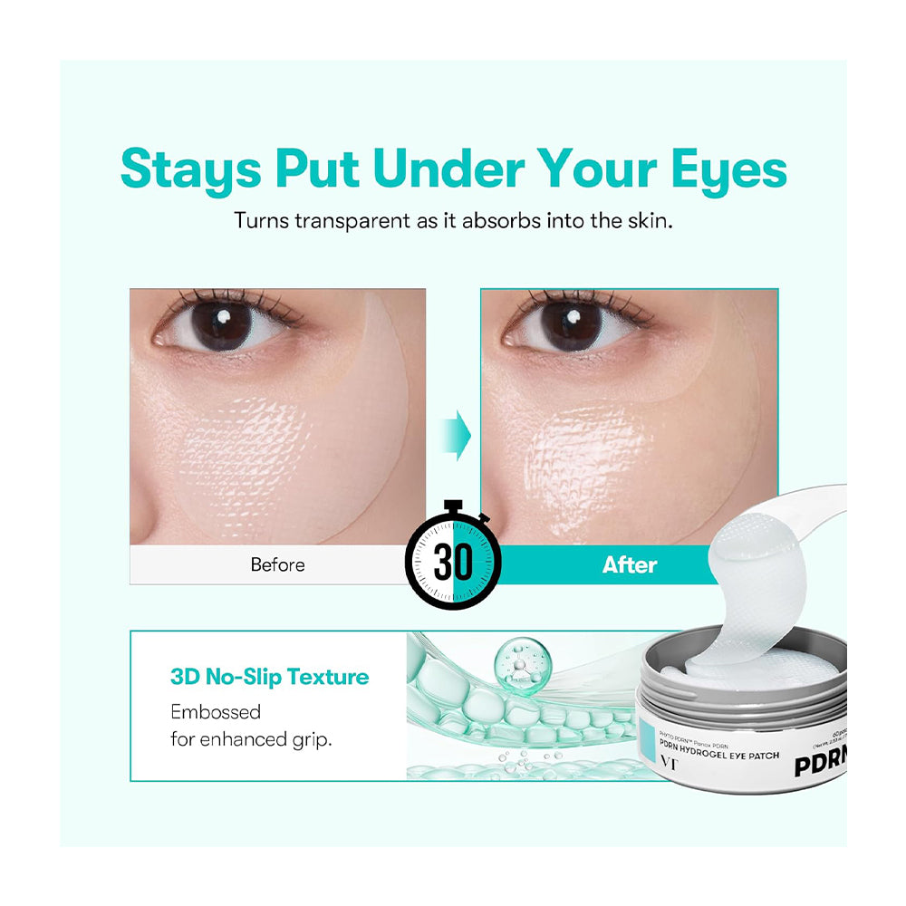 Promotional graphic for a transparent eye patch under-eye gel pad. The image features before-and-after close-ups of skin under an eye to demonstrate texture reduction, alongside a 3D no-slip texture illustration and a jar of the clear gel pads.
