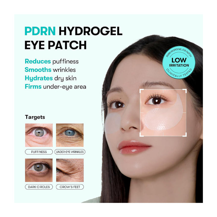 PDRN Hydrogel Eye Patch promotional graphic showing a woman&