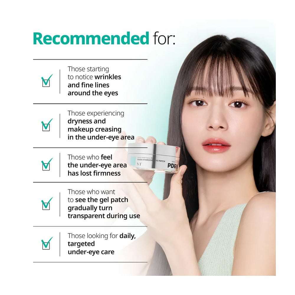 A woman holding a small cosmetic jar beside a light blue panel with text listing recommended use cases for under-eye care. The image includes English copy such as &