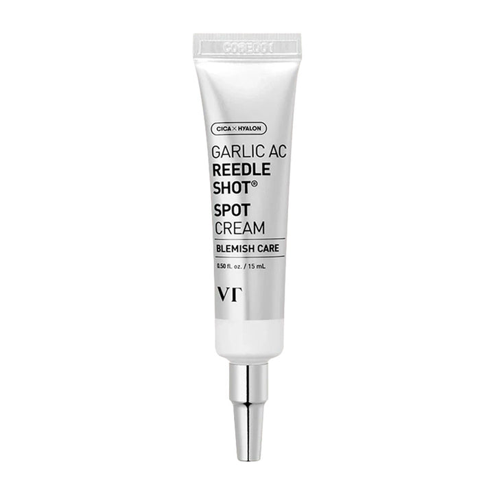 Cosmeceutical VK Garlic Ac Reedle Shot Spot Cream in a white squeeze tube with a metallic silver applicator nozzle, shown on a plain white background.