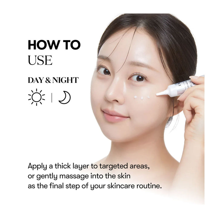 A woman applies a skincare serum from a white tube with a fine applicator tip to her cheek, with text reading &