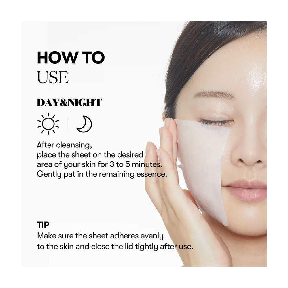 Instruction graphic showing how to use a facial cleansing sheet mask. The left side features text detailing day and night usage and a tip, while the right side shows a close-up of a woman applying the translucent sheet to her face.