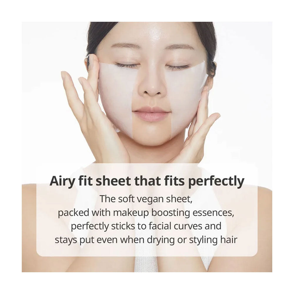 A woman with a sheet mask applied to her face, shown against a clean white background with descriptive text overlay about the mask fitting and makeup-boosting essence.