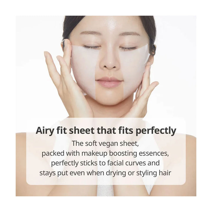 A woman with a sheet mask applied to her face, shown against a clean white background with descriptive text overlay about the mask fitting and makeup-boosting essence.