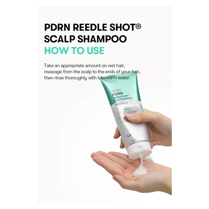 PDRN Reedle Shot Scalp Shampoo tube being squeezed into an open hand, with text instructions above on a white background.